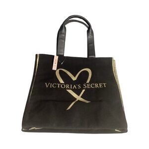 Victoria’s Secret Black & Gold Metallic Logo Heart Stripes Large Tote Bag NEW